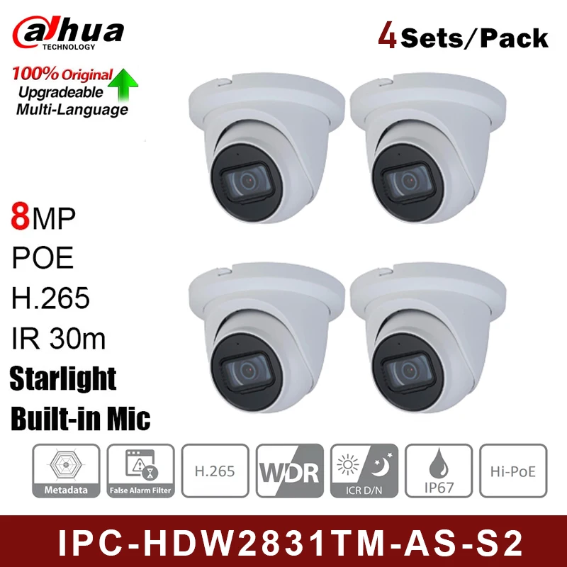 

4PCS Dahua IPC-HDW2831TM-AS-S2 8MP POE Built-in Mic & SD Card Slot H.265 IR 30M IVS WDR Onvif IP67 Starlight Eyeball IP Camera