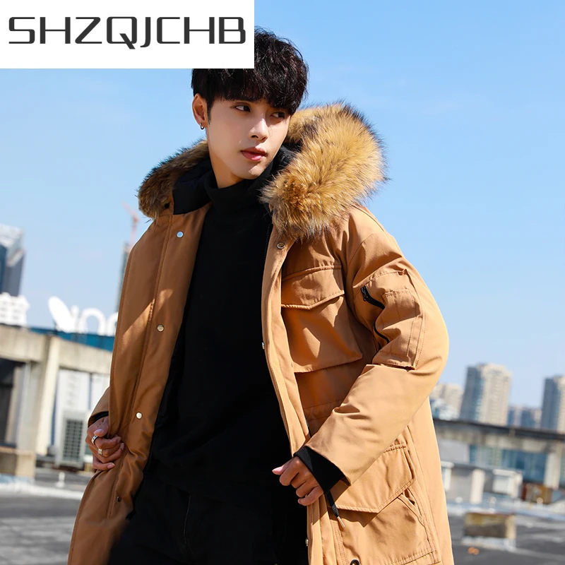 

Мужская зимняя куртка SHZQ, толстая теплая куртка на 90% утином пуху, мужская одежда 2021, Корейская уличная мода, парка с капюшоном из меха енота ...