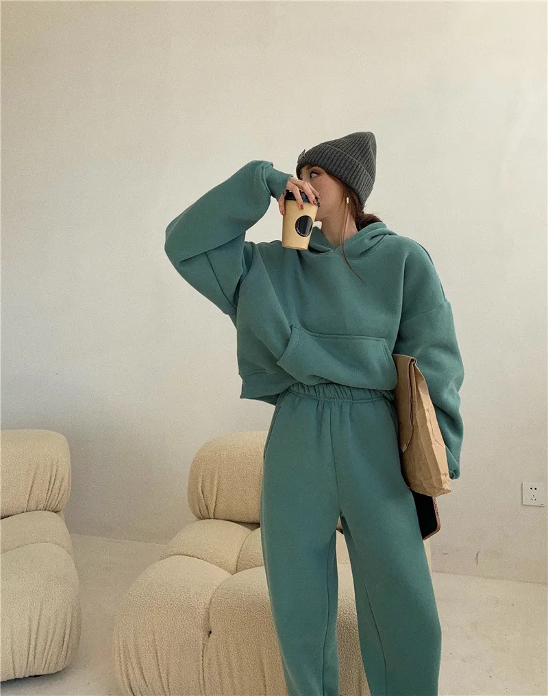 

Sports Casual Suit 2 Pieces Loose Hooded Top And Fleece Jogger Pants Spring New Women's Tracksuit