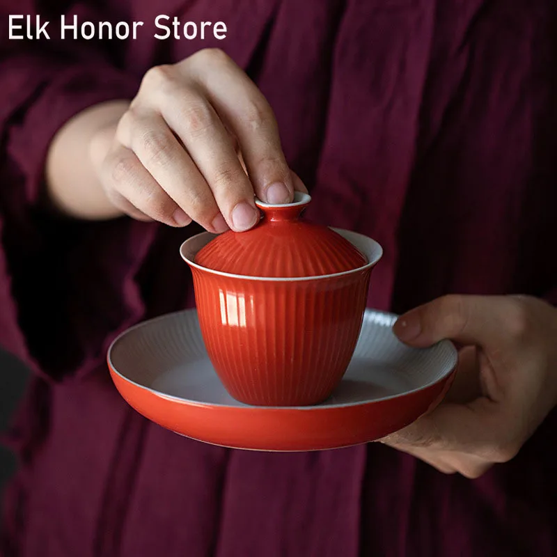 

140 мл кораллово-красная глазурованная керамическая чайная тушка с вертикальным узором чаша для чая с крышкой чайница Gaiwan бытовой Стандартн...