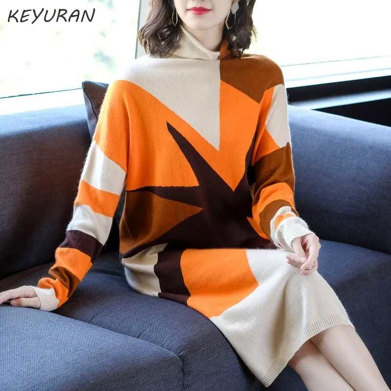 Винтажное Женское зимнее платье-свитер с высоким воротом женское элегантное