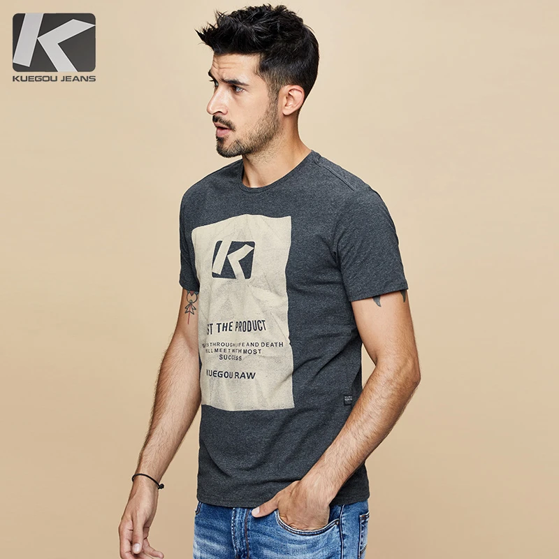 KUEGOU 2021 летняя хлопковая темно серая футболка с принтом Мужская брендовая