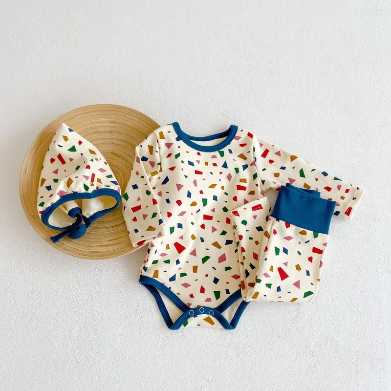 Monos con estampado de pol&iacute;gono para ni&ntilde;as, mono de manga larga con cuello redondo, pantalones y gorro, ropa para beb&eacute;s de 0 a 3 a&ntilde;os, E6092, novedad de Oto&ntilde;o de 2021-5