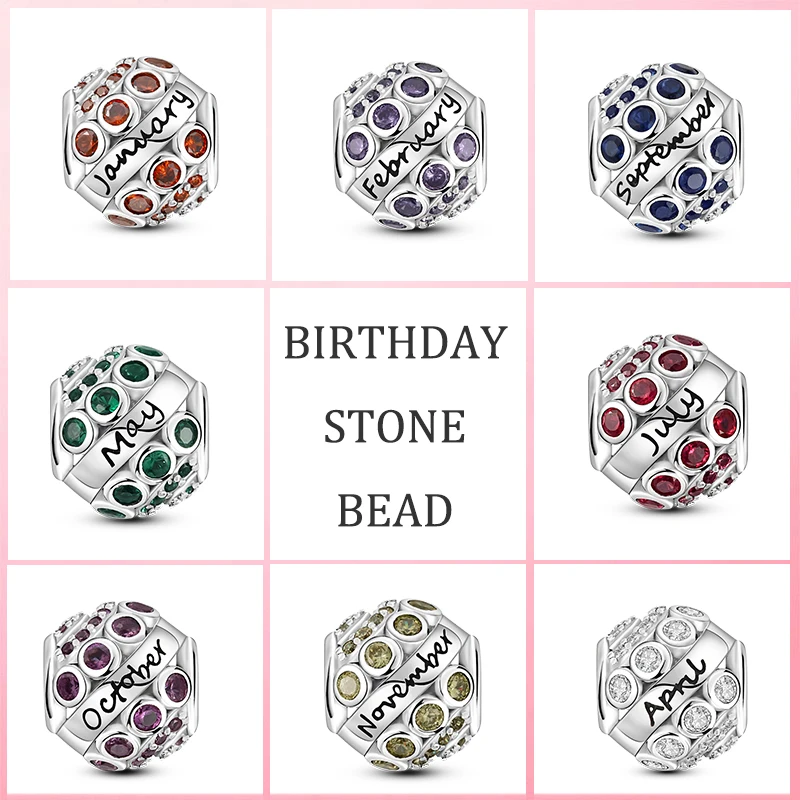 

925 Sterling Silver Birthstone Beads CZ Charms Fit Original Pandora Bracelet & Bangle For Women Jewelry Making Birthday Gift