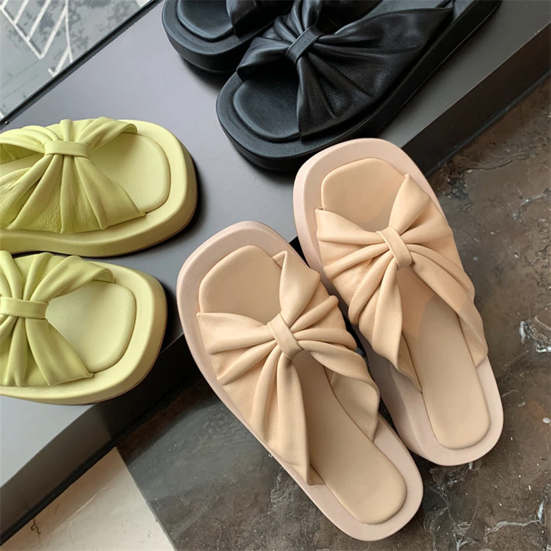 

Meotina Women Slippers Genuine Leather Sandals Flat Platform Med Heel Slides Square Toe Ladies Footwear Summer Yellow Size 40