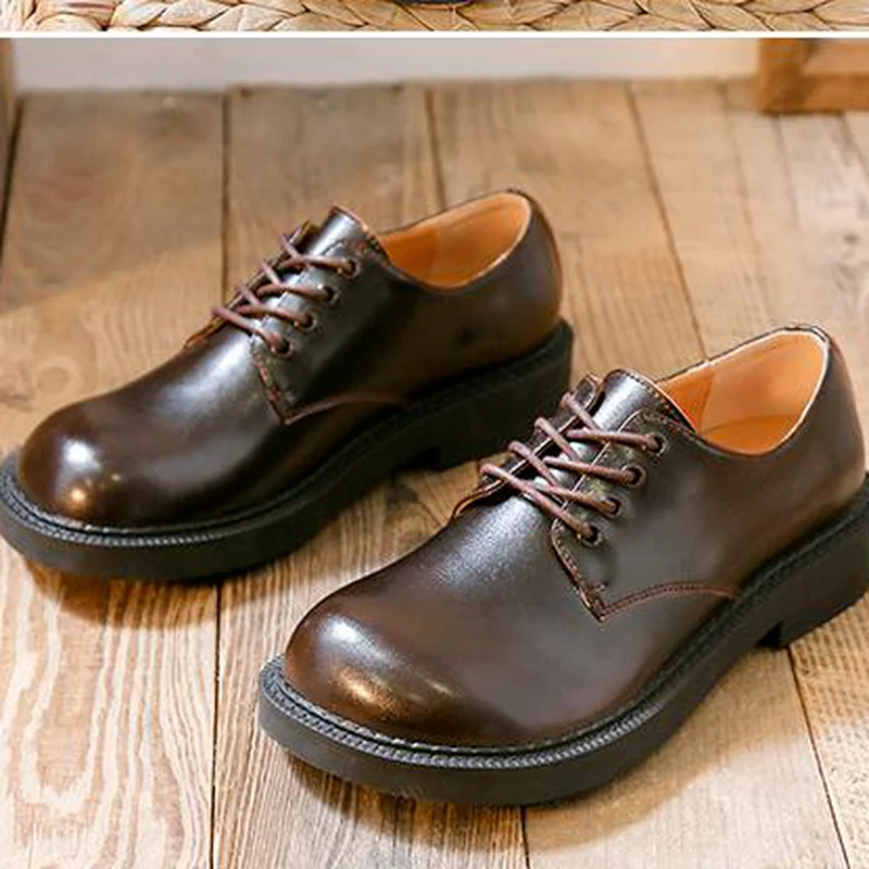 

2021 Spring Women Single Shoes Genuine Leather Round Toe Lace-Up Chunky Heel Simple and Versatile Low Top YY-05