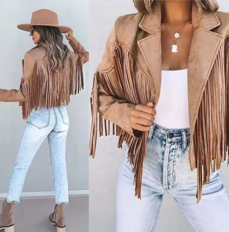 

Women's clothing autumn new slim coat long-sleeved printed tassel coat women