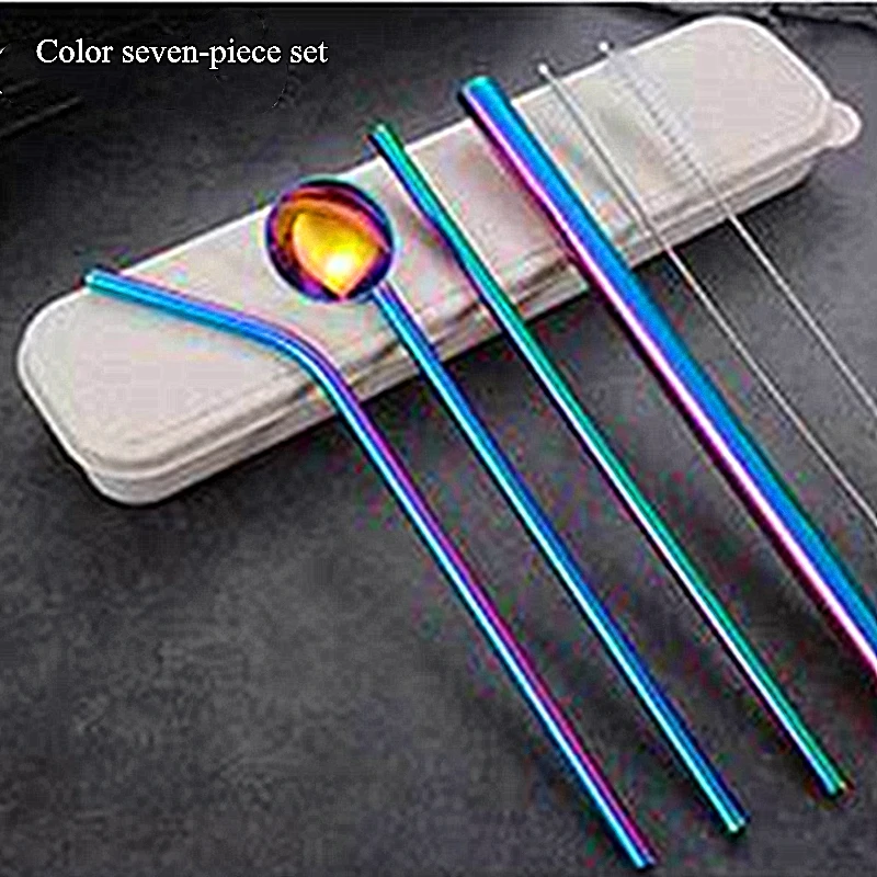 Color 7 piece set Металлическая соломинка из нержавеющей стали yerba mate металлическая соломинки многократного использования соломенная сумка Экологичная соломка из нержавеющей стали для пива тапиоковые жемчужины трубки - Цвет: Color 7 piece set