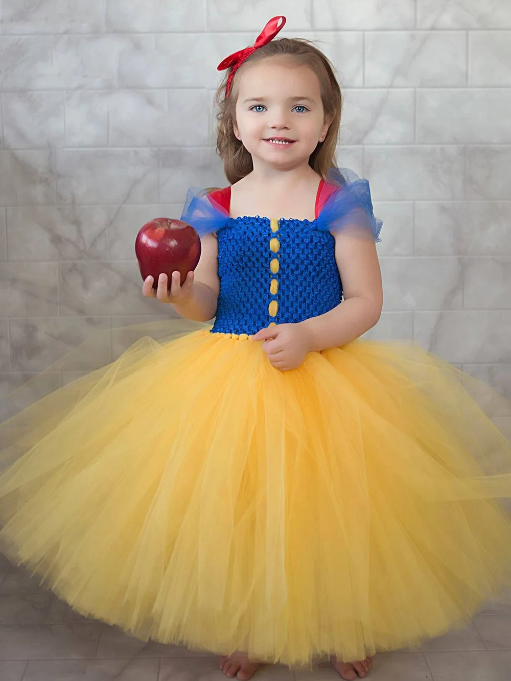 

Girls Snow White Princess Tulle Tutu Dress Kids Crochet Dress with Red Hairbow Children Birthday Party Costume Cosplay Dresses