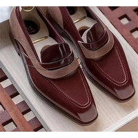 2021 new men fashion business casual party dress shoes handmade red pu square head belt stitching put on daily loafers 6kf539