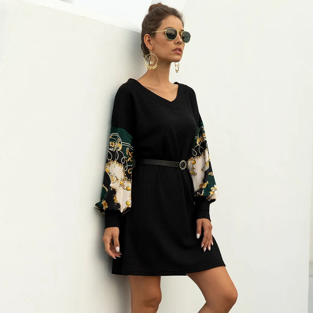 Dress For Women Casual Loose V-Neck Printed Paneled Lantern Sleeve High Waist bandage Shirt Evening Party Dresses Sukienka | Женская