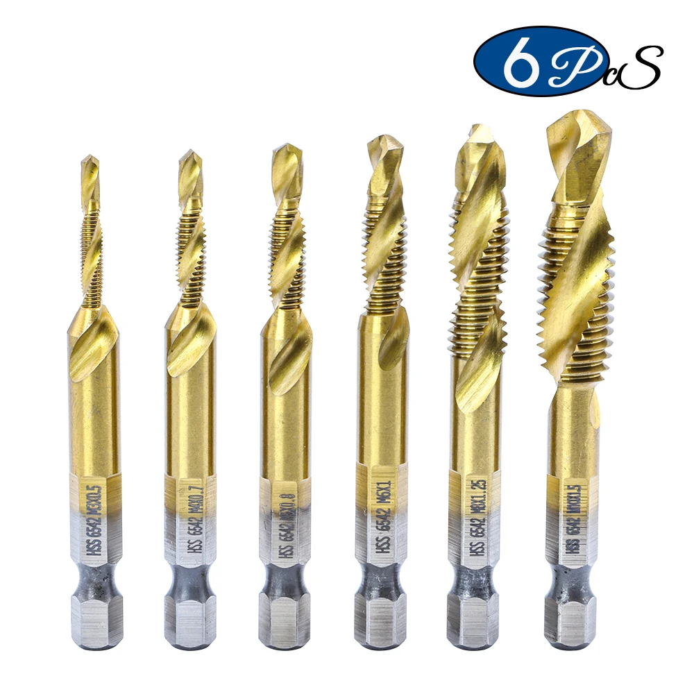 

NINDEJIN 6pcs/set metric thread tap drill bits set m3 m4 m5 m6 m8 m10 hex shank hss 6542 screw tap drill bits set for metal wood