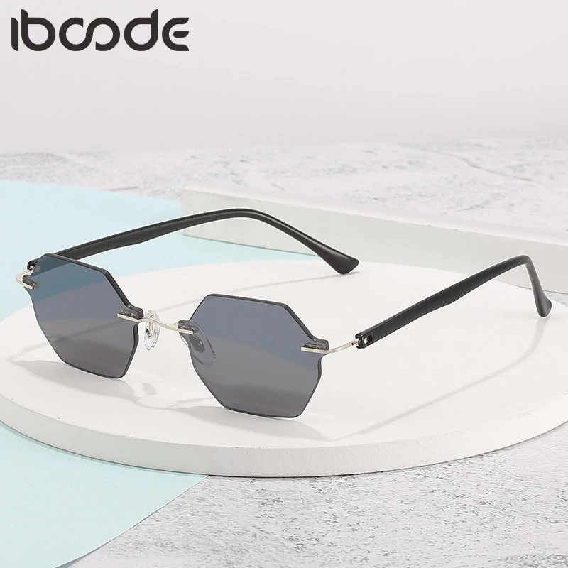 

iboode Rimless Sunglasses Women Men Fashion 2021 Luxury Metal Frame Vintage Polygon Frameless Gradient Ocean Sun Glasses UV400