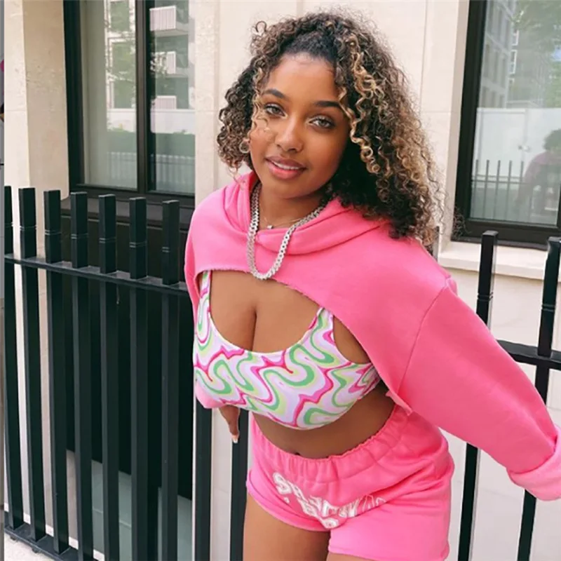 

Casaul Women Print Letter Biker Two Piece Set Hooded Short Top And Pants Sportsuit Ttracksuit Clothes For Women Outfit