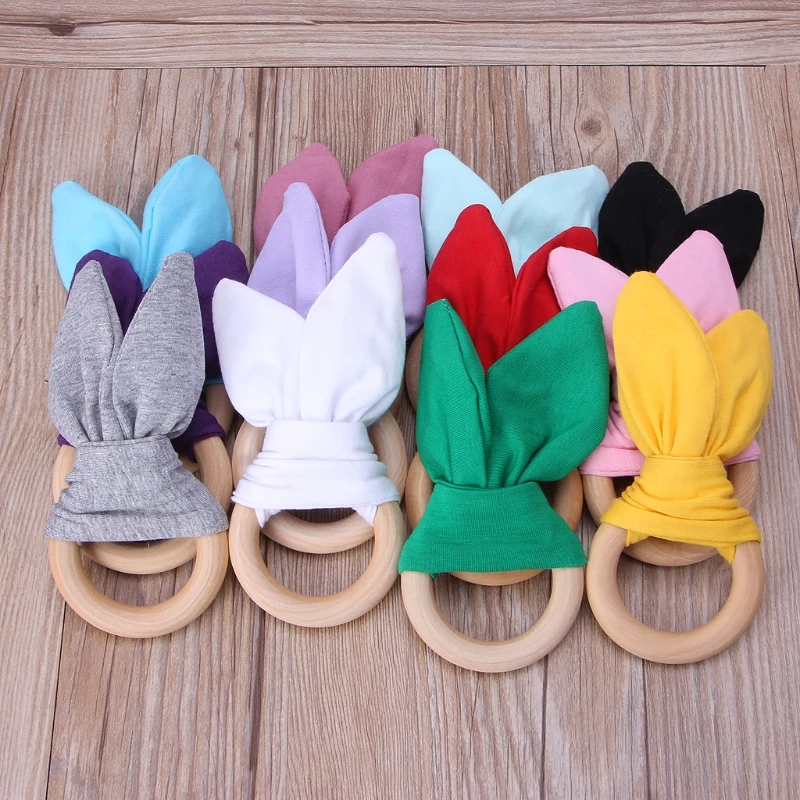 

2021 New Bunny Ear Teether Fabric Wooden Teething Ring With Crinkle Material Shower Gift