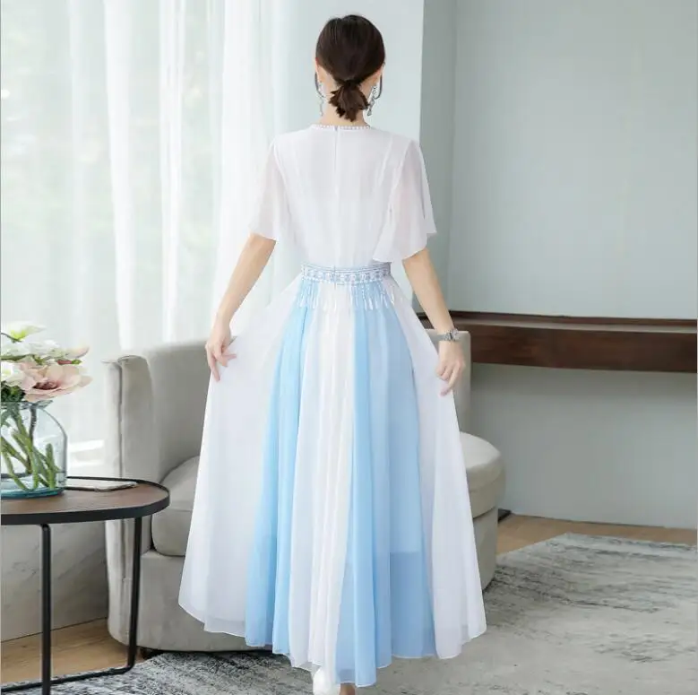 

Elegant Chinese style Cheongsam patchwork national style new women's dress in summer improved Hanfu slim fairy long dress