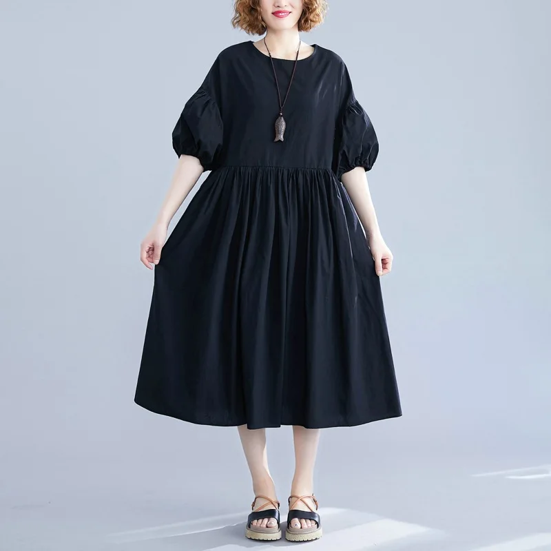 Johnature 2021 New Casual Lantern Sleeve A-Line Solid Color Women Dresses Spring O-neck Half 3 Colors Korean Dress | Женская одежда