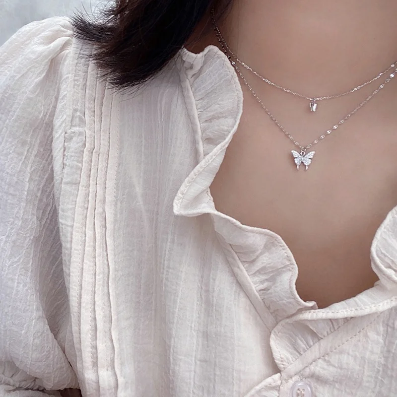 

Flash Diamond Butterfly Double-layer Clavicle Chain Necklace For Women Simple Crystal Elegant Wedding Birthday Jewelry Gift