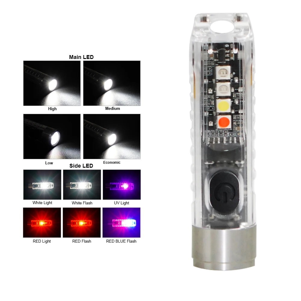 

350LM LED Emergency Tactical Flashlight 500mah Type C USB Pocket Self-Defense Light UV Keychain Torch 11Modes Warning Strobe