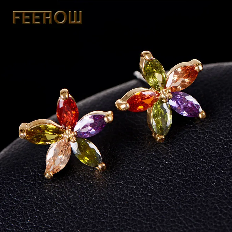FEEHOW разноцветные камни CZ серьги для женщин цветок кубический цирконий Кристалл