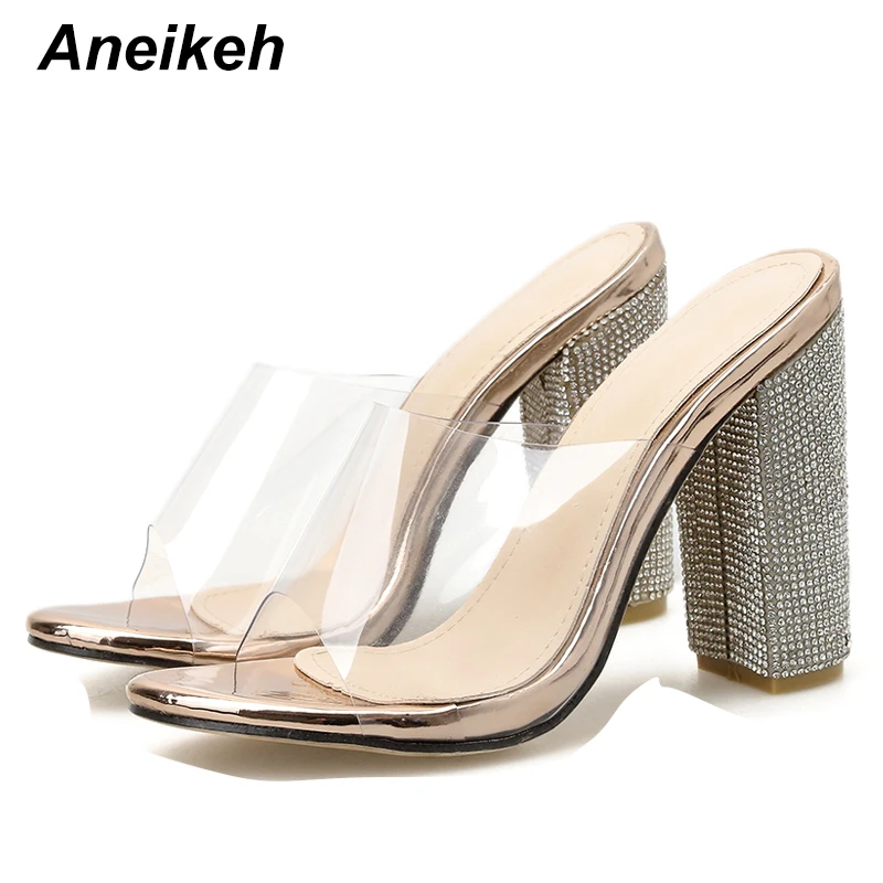 Aneikeh/женские босоножки на высоком каблуке; летние туфли на платформе с квадратным каблуком, украшенные кристаллами; женские пикантные вечерние свадебные туфли на шнуровке - Цвет: champagne