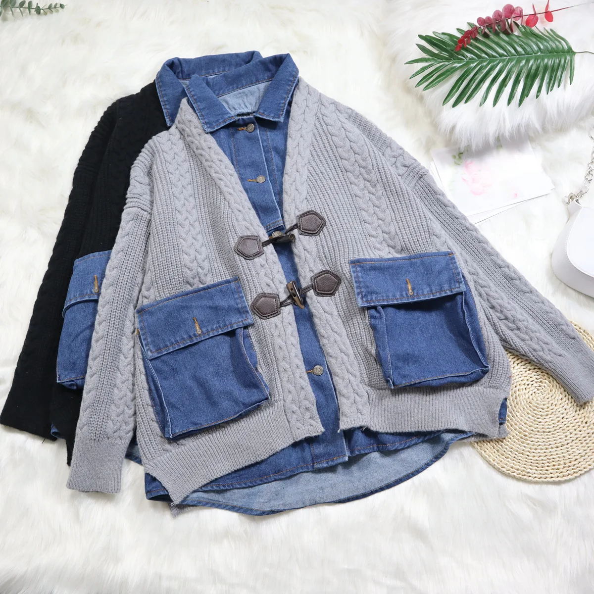 

EBAIHUI Cardigan Women Patchwork Denim Jacket Knitted Fake Two-pieces Casual Loose Sweaters Coat Stitching Sweater Oversize Top