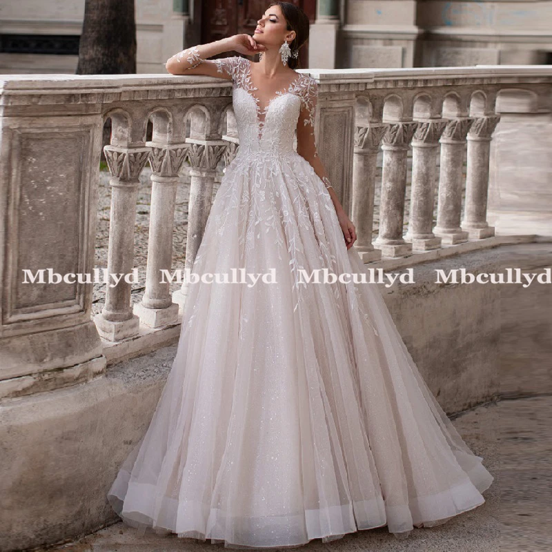 

Mbcullyd Shiny Long Sleeve Lace Wedding Dress 2023 V Neck Princess Backless Fashion Bridal Gown Vestido De Novia Customized
