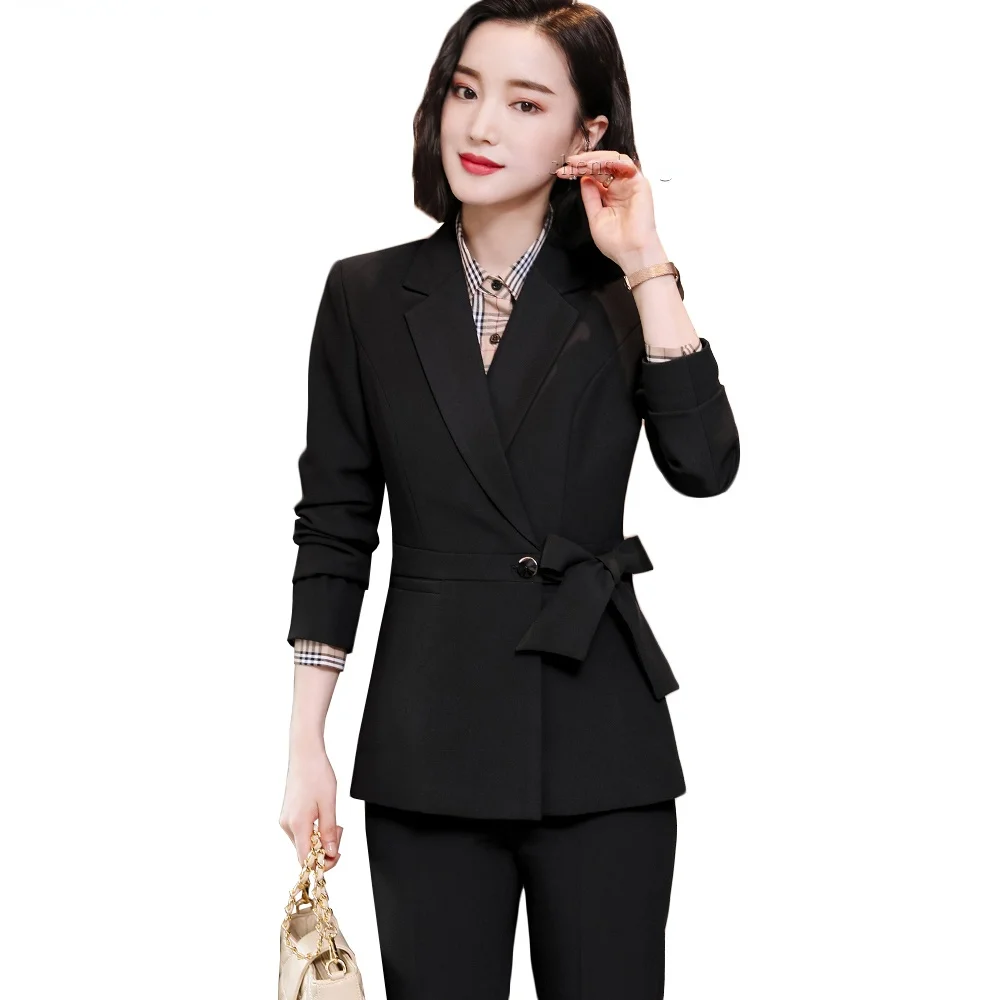 

Elegant Ladies Pant Suits with Bow Women Blazer and Trousers Black Purple Blue 2 Piece Set for Hotel Office Work Wear Women Suit