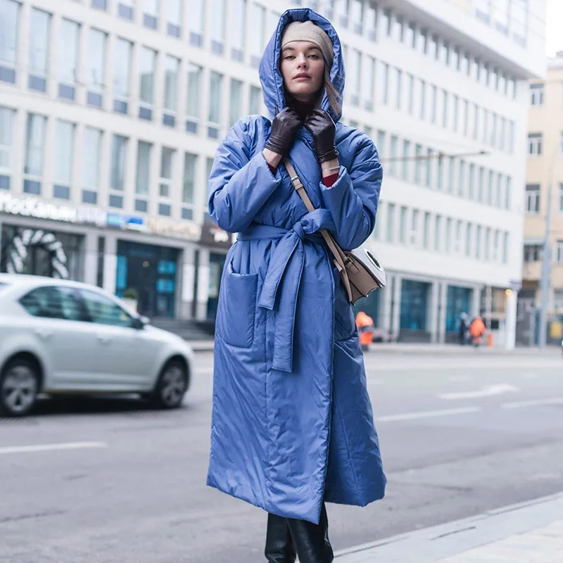 

2021 Fall Winter Women's Jacket Loose Long Street Style Ladies Outware Thick Coat Hooded Belt Cotton Top