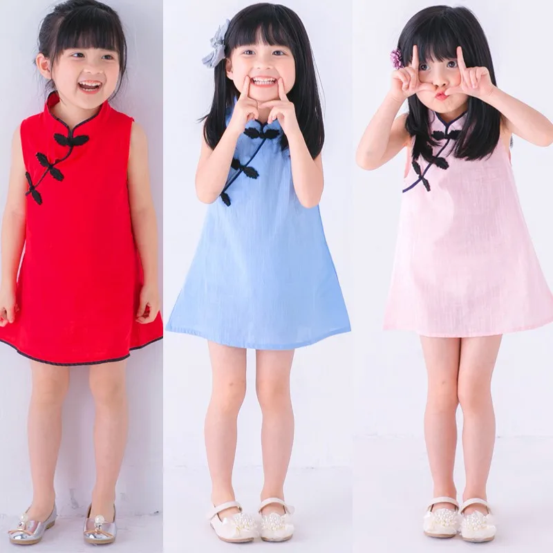 Cotton and Linen Summer 0-5Y Girls Cheongsam Tang Suit Cute Children Sleeveless Solid Color Comfortable Princess Dress | Детская одежда