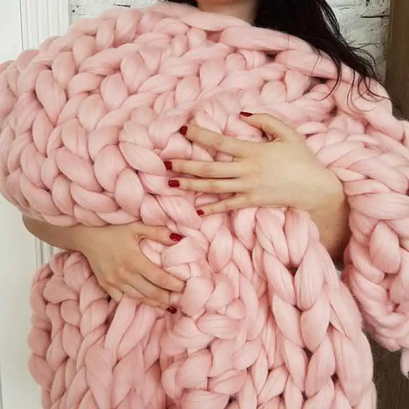 light pink Супер мягкое теплое вязаное одеяло ручной работы из толстой пряжи шерстяное объемное вязаное одеяло зимний диван-кровать домашний декор пледы одеяло s - Цвет: light pink