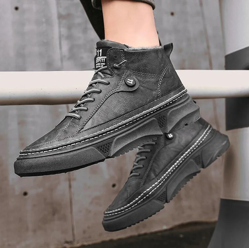 

Брендовые новые зимние мужские ботинки, спортивный стиль, модная теплая кожаная повседневная обувь с плюшевой подкладкой на шнуровке, крут...