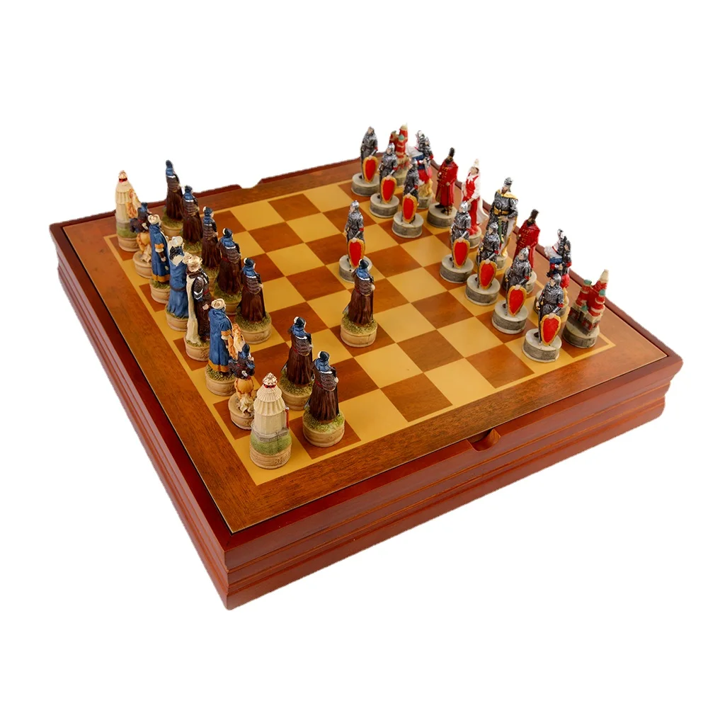 

Russia VS Mongolia War Characters War Resin Chess Theme Board Game Toy Table Luxury Collection Gift with Wooden Chess Board