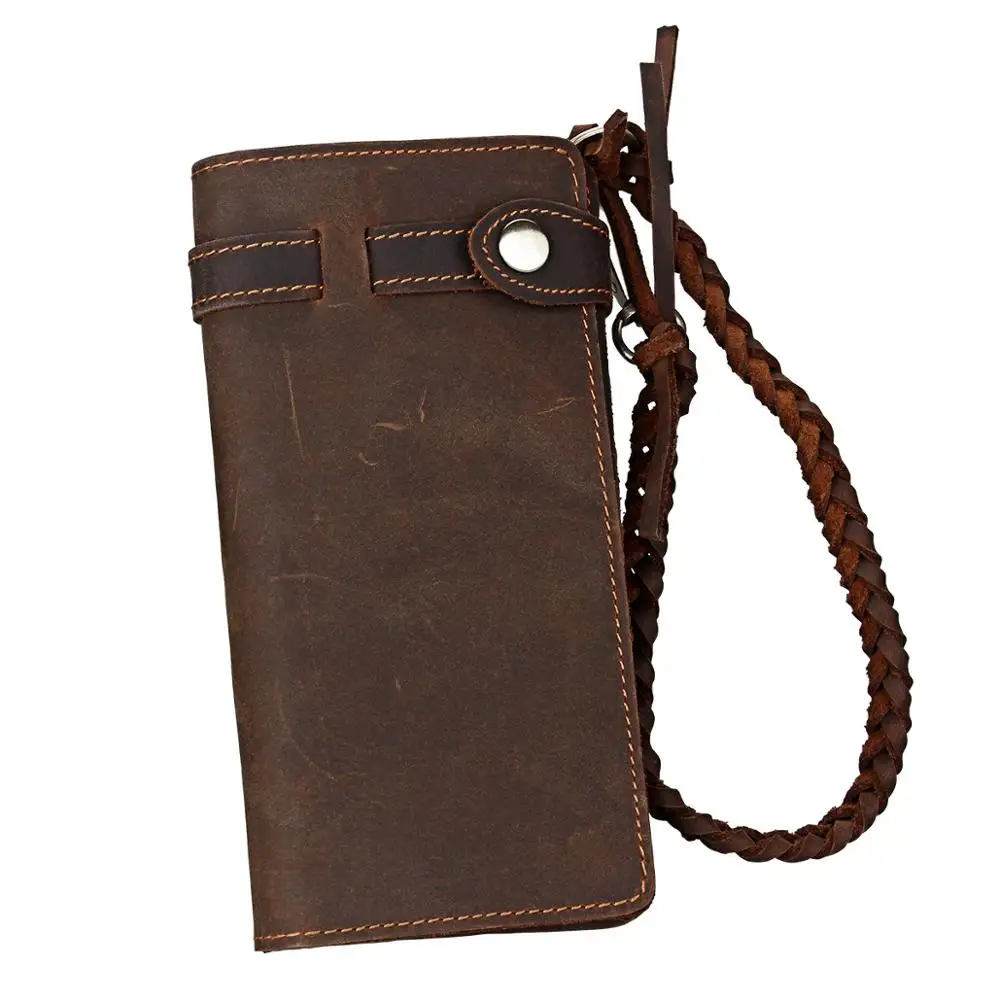 New Fashion Top Layer Cowskin Long Wallet with Braided Hand Strap Vintage Genuine Leather Coin Purse Luxury Card Clutch Bag