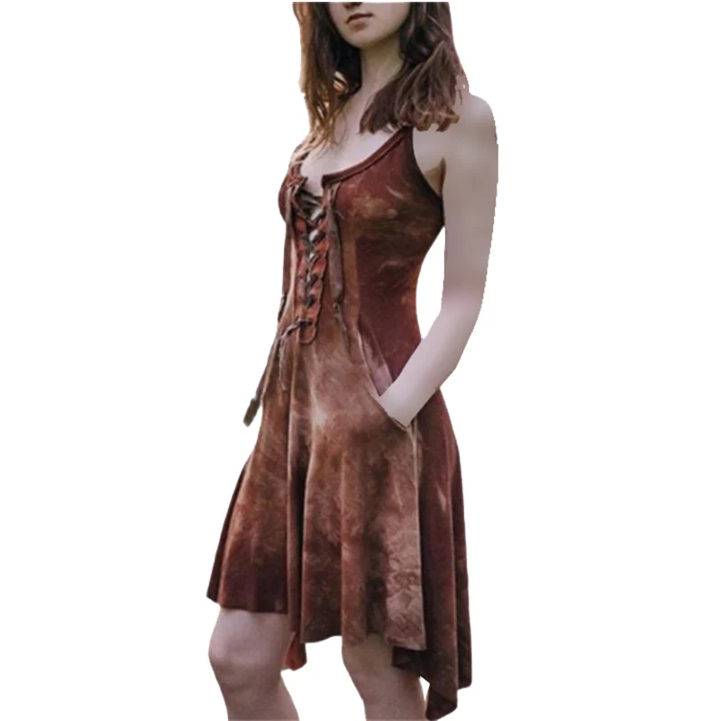 

2020 Ladies lace retro tribal pleated dress Strappy sexy women Sling dress Short dress Large size woman dress dresses for women