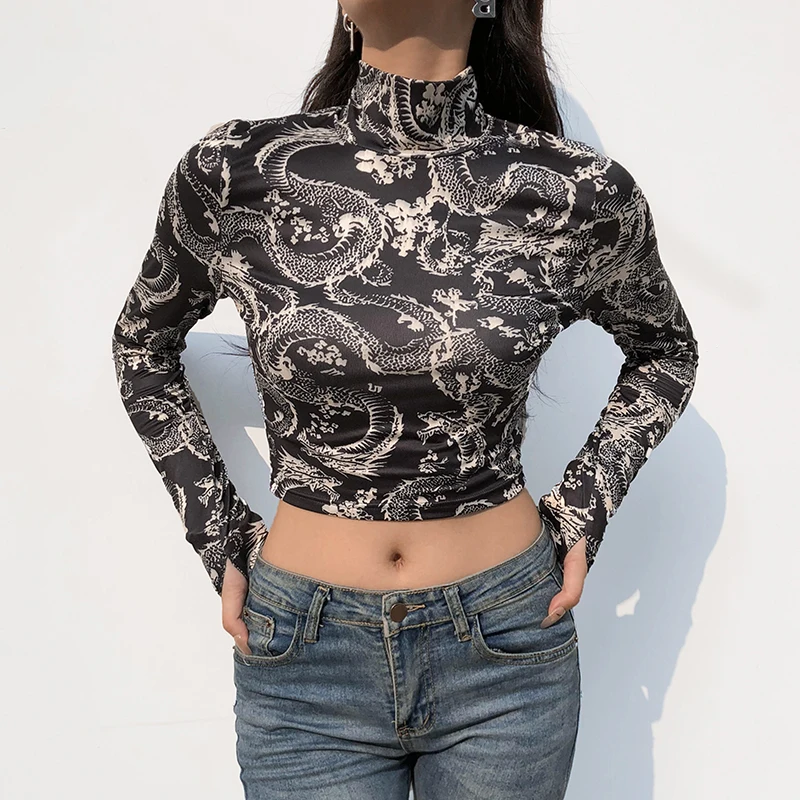 

Sweetown Dragon Print Anime Shirt Female Turtleneck Long Sleeve Woman Cropped Tshirts Vintage Aesthetic E Girl Clothes