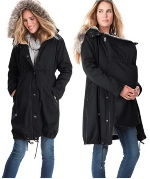 

Теплое Шитье Пальто для родителей модное многофункциональное пальто средней длины на молнии с меховым воротником и капюшоном для беременн...