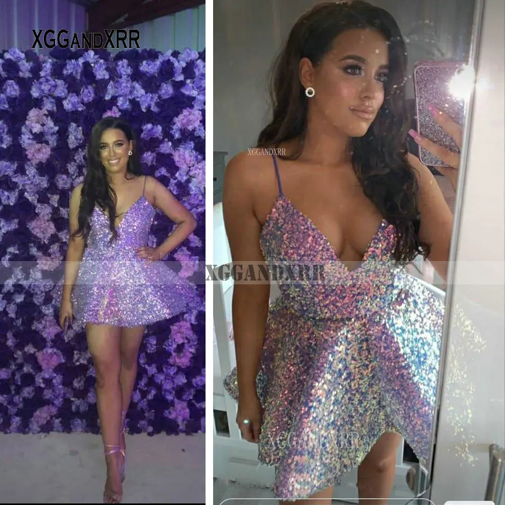 

Sparking Short Prom Dress Pink Sequins Girls Birthday Party Gown Sexy V Neck Spaghetti Backless Homecoming Gala Pageant Wear