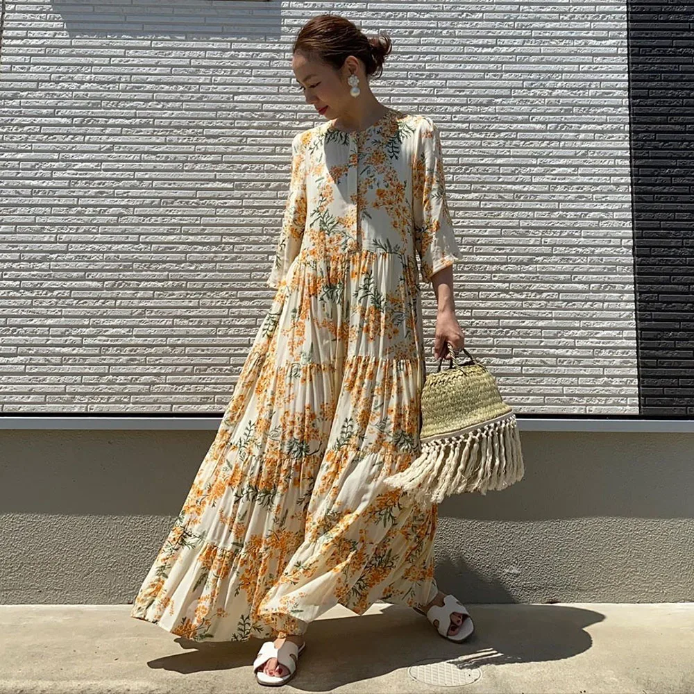 Женское длинное платье-трапеция желтое повседневное плиссированное платье в