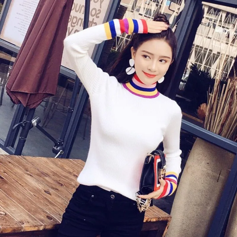 

Womens Sweaters Winter Tops Turtleneck Sweater Thin Pullover Jumper Knitted Sweater Patchwork Pull Femme New Tops W3