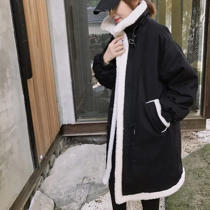 Women 2023 Autumn Loose Parkas Thickened Coats Cotton-padded Jackets Mid-length Winter Imitation Lamb Wool Coat Windbreaker Lady