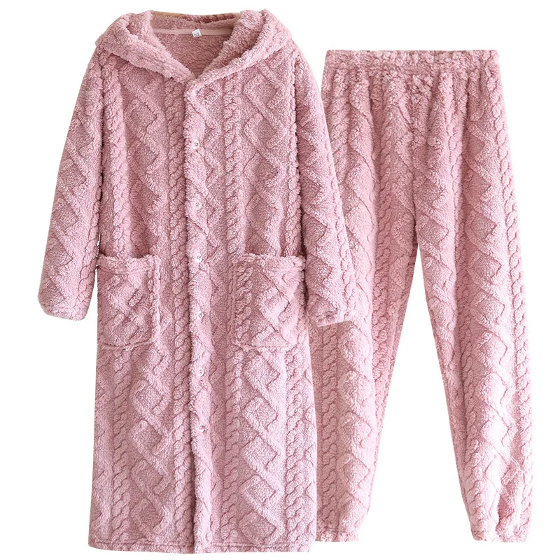 Winter Thick Warm Velvet Pajamas Nightgown Women Cute Hooded Flannel Robe Set Couple Long Homewear Plus Size Men's Home Clothes