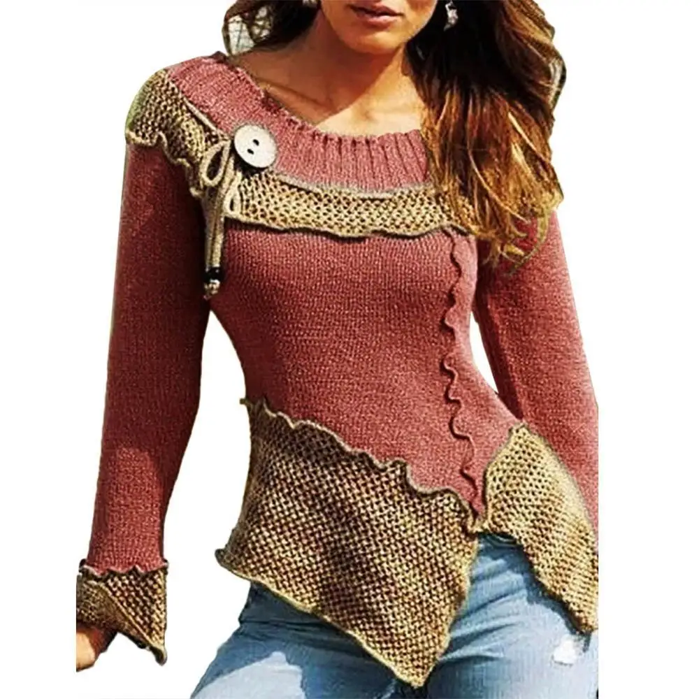 

Ele-choices Chic Women Color Block Lacework Side Slit Stitching Slim Knitted Sweater For Autumn Winter