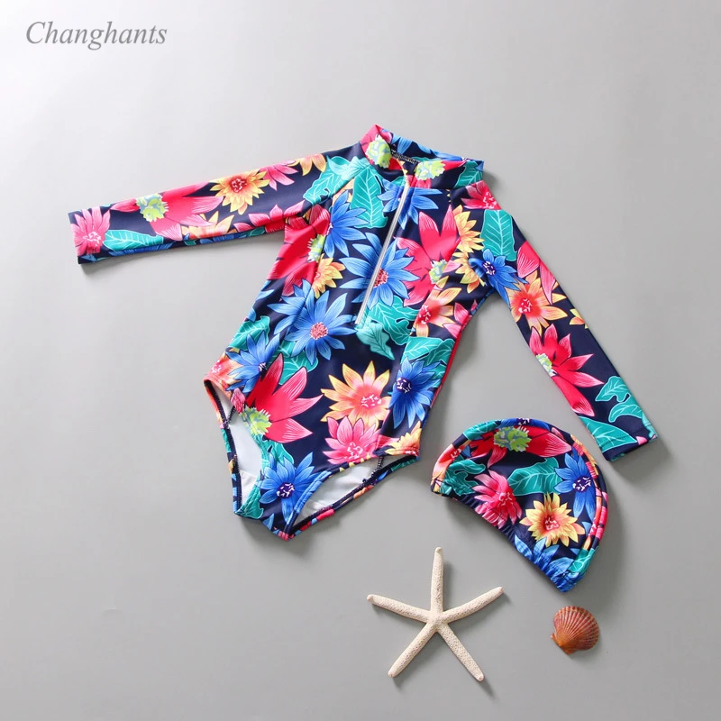 

Girls One Piece Swimsuit 1-7 Y Baby Swimwear with Swimming Cap Kids Rash Guard Flowers Pattern Child Long Sleeve Surfing Suit