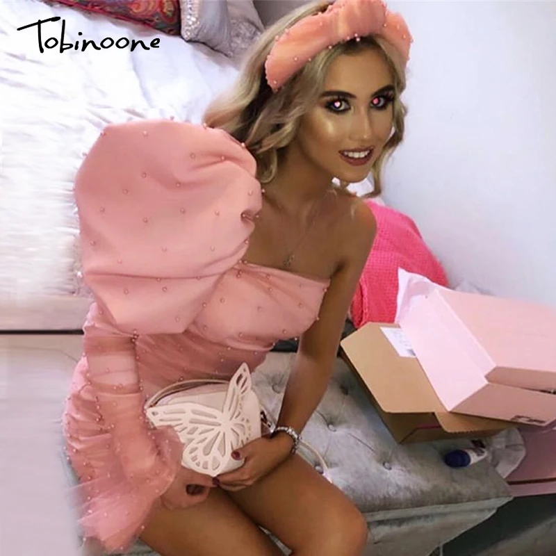 Сексуальное Сетчатое кружевное женское платье Tobinoone с оборками на одно плечо