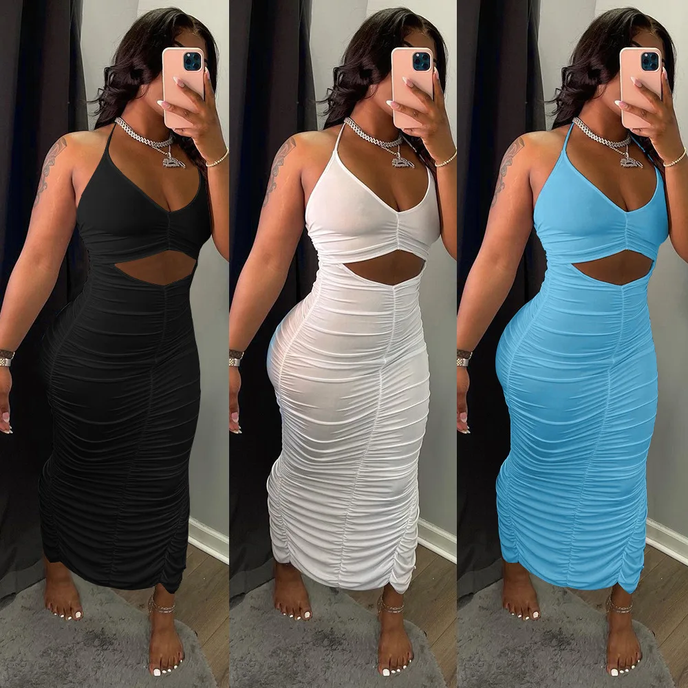 

2021 Summer New Women Sexy Hollow Out Pleated Ruched Dress Halter Backless Maxi Dress Slim Elegant Party Clubwear Outfit Dress
