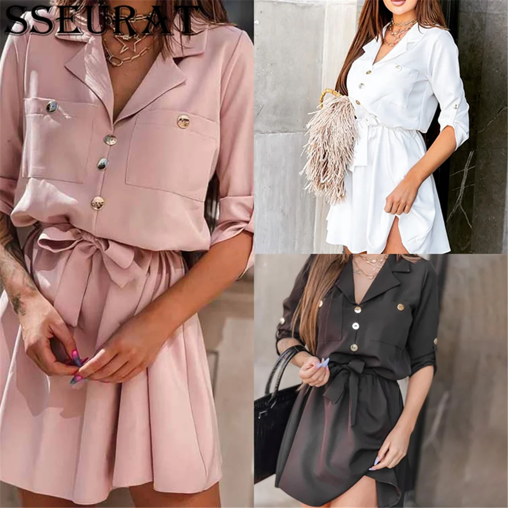 

SSEURAT Women Button Lace-Up Mini Dress Elegant Autumn Long Sleeve Party Dresses Fashion Turn-down Collar Office Lady Dress