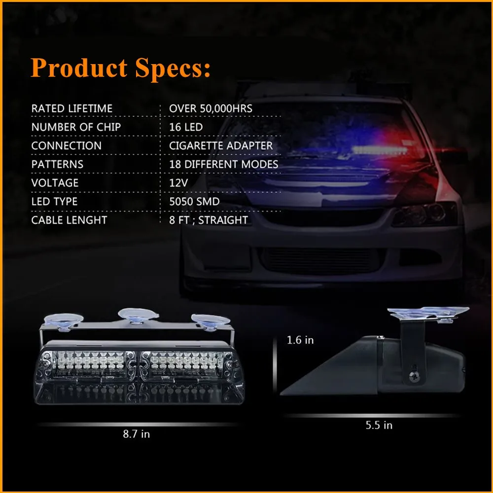 12V RGB 16 LED High Intensity Emergency Hazard Warning Strobe Lights Suction Cups for Police Law Enforcement Vehicles Truck Lamp |