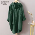 Женская длинная рубашка с пуговицами, Повседневная Свободная винтажная блузка с длинным рукавом, Однотонная рубашка для работы, весна 2022