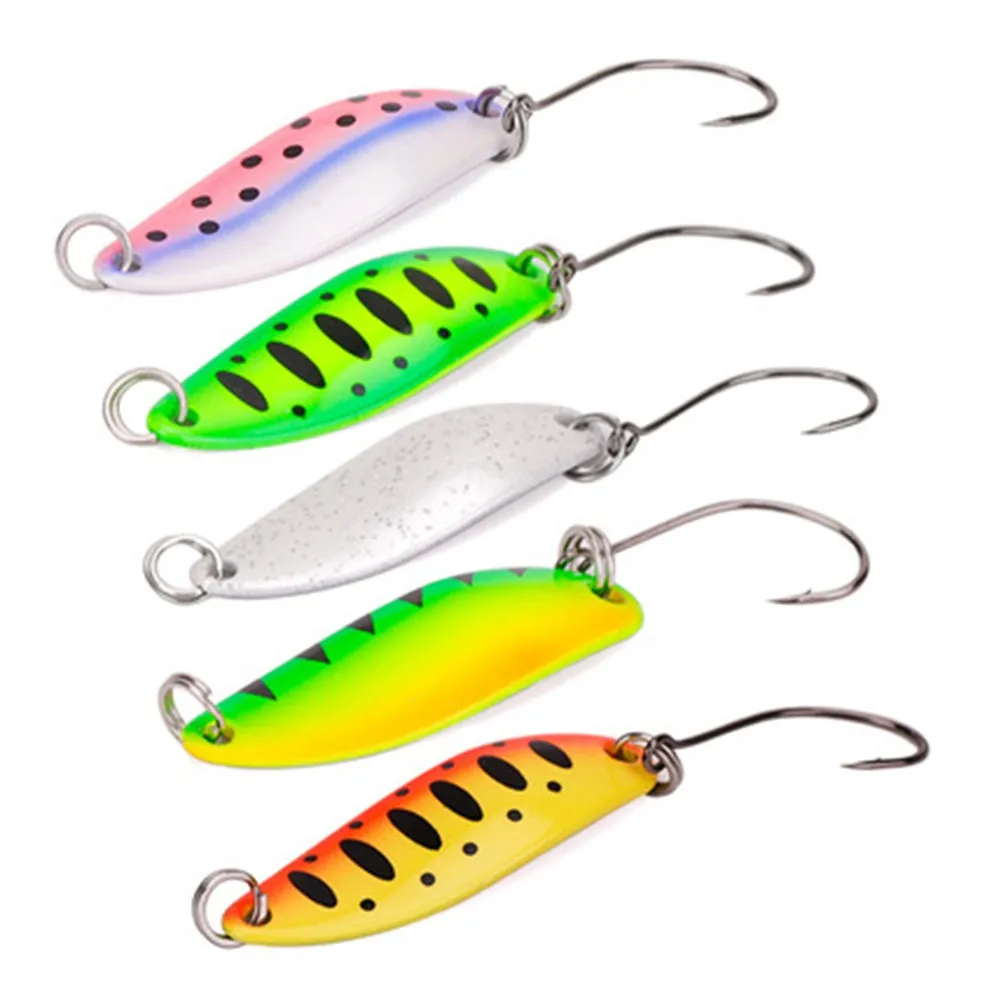 

1/12pcs Artificial Bait Sequins 2.5g Trout Spoon-shaped Spinner Metal Fishing Fake Lure Spoon Kits Double Ring Willow Leaf Iron
